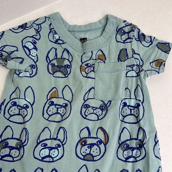 Tea Collection short sleeve blue one piece French Bulldog Print size 6-9 month - Picture 2 of 9